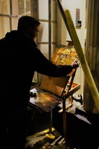Artist Rob Pointon painting Tombland at night, Paint Out Norwich 2018. Photo © Katy Jon Went