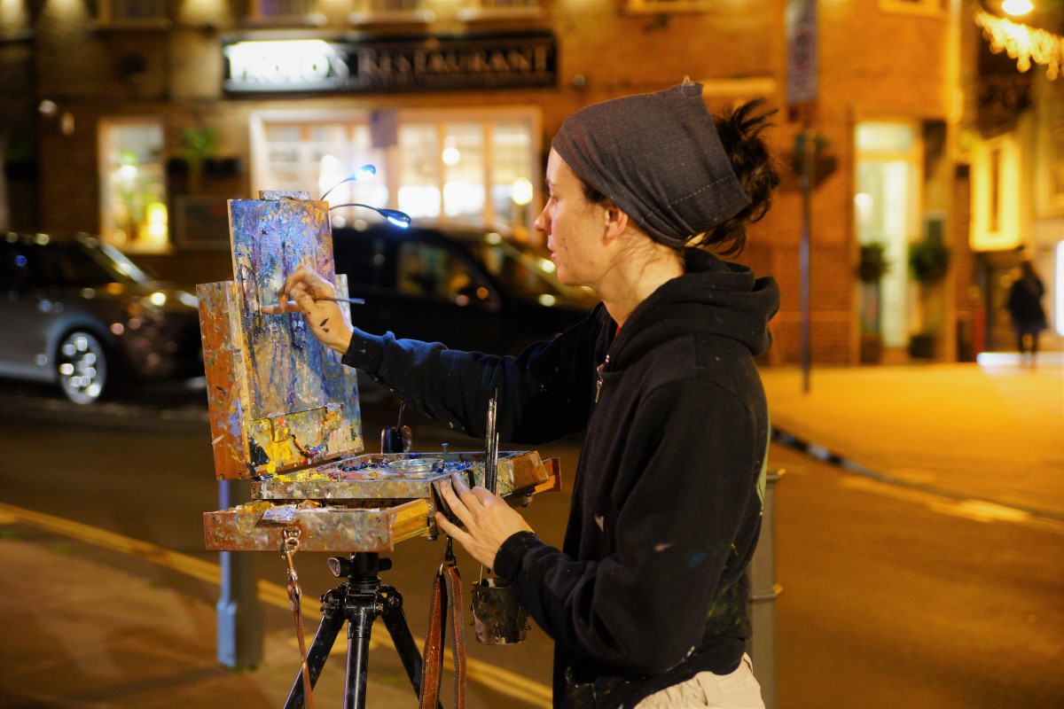 Artist Emily Faludy painting a nocturne during Paint Out Norwich. Photo © Katy Jon Went