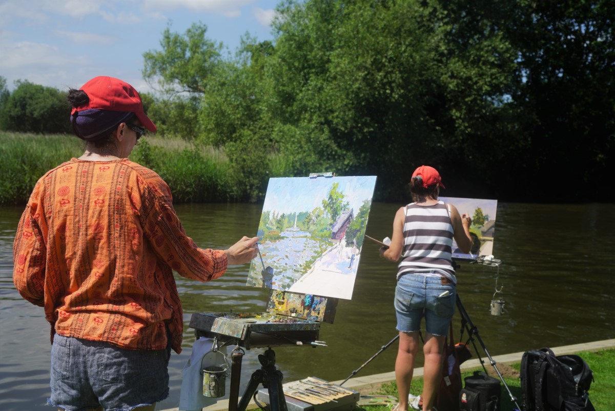 Emily Faludy and Karen Adams painting How Hill, Paint Out Norfolk 2019