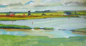 Artist Amanda Barrett, Berney Arms Windmill and Breydon Water, Burgh Castle, Oil, 23x45cm, £250. Paint Out Norfolk 2020