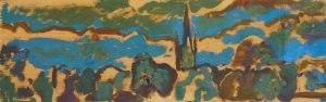 Artist Jack Godfrey, Rhythm in Blue, Norwich Cathedral, Oil, 6x17in, £230. Paint Out Norfolk 2020