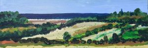 Artist Mary Blue Brady, Cultivating the Edge, Wiveton Down, Acrylic, 8x32in, £295. Paint Out Norfolk 2020