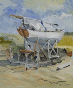 Painting by Neil Warren of a dry dock boat