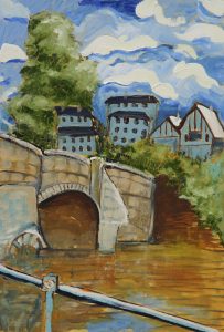 Painting of bridge over river
