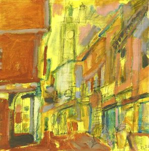 Painting by Jack Godfrey of The Lanes, Norwich