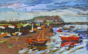 Painting by Stephen Johnston of boats