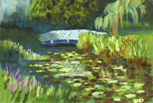 Painting by Stephen Johnston of a Monet scene at Gooderstone Water Gardens