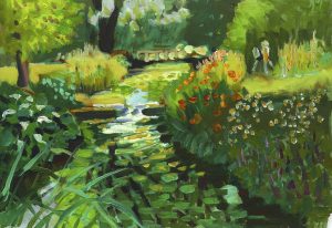 Painting by Stephen Johnston of a stream at Goderstone Water Gardens