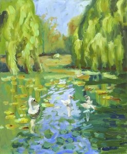 Painting by Stephen Johnston of swans at Gooderstone Water Gardens