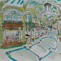 Artist Eloise O'Hare - Chocolate Arcade 18x26.5 Pen, Ink &amp; Watercolour on Paper at Paint Out Norwich 2015 photo by Mark Ivan Benfield 6290