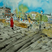 Artist Eloise O'Hare - City Hall View 18x26.5 Pen, Ink &amp; Watercolour on Paper at Paint Out Norwich 2015 photo by Mark Ivan Benfield 6070