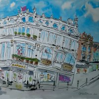 Artist Eloise O'Hare - Jarrolds 18x26.5 Pen, Ink &amp; Watercolour on Paper at Paint Out Norwich 2015 photo by Mark Ivan Benfield
