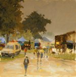 Artist Mo Teeuw, 'Pigs For Sale', Norfolk Showground, Oil, 10x10in, £290