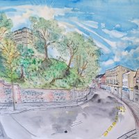 Artist Eloise O'Hare, Peddlers Meadow, Mixed Media, 70x50cm, SOLD, Paint Out Norwich 2016. Photo by Katy Jon Went