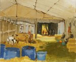 Artist: Mo Teeuw, Title: In the Cow Shed, Location: Norfolk Showground, Media: Oil, Size: 10x10in, £310