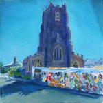 Artist John Behm, 'Saturday Service', Sudbury Market, Looking at St Peter's Church, Oil, 10x10in, £250. Paint Out Sudbury 2018. Photo © Katy Jon Went