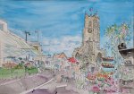 Artist Eloise O'Hare, 'Gainsborough with Flowers', Sudbury, Ink, Pen &amp; Watercolour, 55x80cm, £395. Paint Out Sudbury 2018. Photo © Katy Jon Went