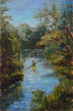 Artist Eleanor Alison, 'Summer Canoeing', River Stour, Sudbury, Oil, 12x9in, £160. Paint Out Sudbury 2018. Photo © Katy Jon Went