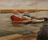 Artist Karen Adams, 'Red Bottomed Boat', Wells, Norfolk, Oil on board, 12x10in, £180. Paint Out Wells 2017