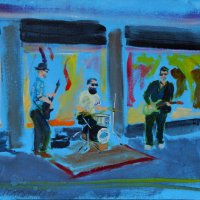 Artist John Behm, 'The Blue Dogs', Off Norwich Market, Oil, 8x9in, SOLD. Paint Out Norwich 2018