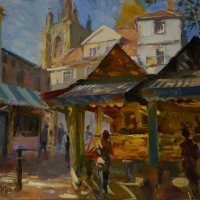 Artist: Rob Pointon, Title: Diagonal Light on the Seafood Stalls, Location: Norwich Market, Media: Oil, Size: 40x40cm, £650