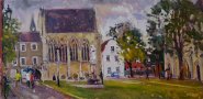 Artist: Sarah Allbrook, Title: Wet Morning, Cathedral Close, Location: Cathedral Close, Media: Oil, Size: 12x24in, £450
