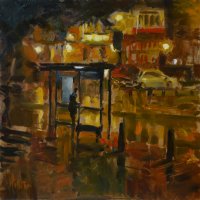Artist: Rob Pointon, Title: Waiting for the Night Bus, Location: Tombland, Media: Oil, Size: 40x40cm, £650