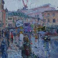 Artist: Emily Faludy, Title: People Come and Go (Bus Stop, Norwich), Location: Westlegate, Media: Oil, Size: 10x12in, SOLD