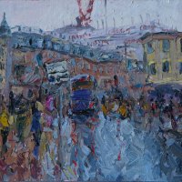 Artist: Emily Faludy, Title: People at the Bus Stop (Norwich), Location: Westlegate, Media: Oil, Size: 10x12in, £350
