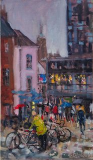 Artist: Sarah Allbrook, Title: Wet Day at Westlegate, Location: Westlegate, Media: Oil, Size: 12x7in, SOLD