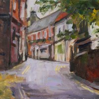 Artist: Tony Robinson, Title: Lane off Tombland, Location: Tombland, Media: Oil, Size: 9x12in, £300