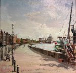 Artist: Robert Nelmes, Title: Lydia's Long Shadows, Location: Quayside, Great Yarmouth, Media: Oil, Size: 40x40cm, £400
