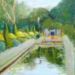 Artist Eleanor Alison, 'Garden Canal', Hunworth Hall, Norfolk, Oil, 12x12in, £250. Paint Out Gardens 2019