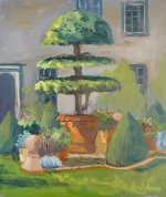 Artist Karen Adams, 'Terracotta and Topiary', Hunworth Hall, Norfolk, Oil, 12x10in, £150. Paint Out Gardens 2019