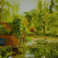 Artist Robert Nelmes, 'Little Blue Boat', Elsing Hall, Dereham, Norfolk, Oil, , £450. Paint Out Gardens 2019