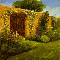 Artist Eleanor Alison, 'Rose Wall', Elsing Hall, Dereham, Norfolk, Oil, 12x12in, £250. Paint Out Gardens 2019