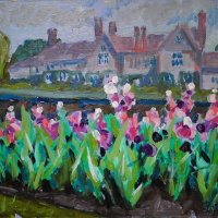 Artist Stephen Johnston, 'Irises', Elsing Hall, Dereham, Norfolk, Oil, 12x16in, £220. Paint Out Gardens 2019