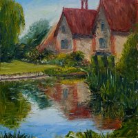 Artist Eleanor Alison, 'Elsing Moat', Elsing Hall, Dereham, Norfolk, Oil, 10x12in, £240. Paint Out Gardens 2019