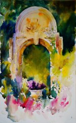 Artist Bobby Open, 'Elsing Hall Gateway', Elsing Hall, Dereham, Norfolk, Watercolour, 12x18in, £325. Paint Out Gardens 2019