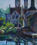 Artist Amanda Barrett, 'Chimneys and Pipes', Elsing Hall, Dereham, Norfolk, Oil, 24x30cm, £180. Paint Out Gardens 2019