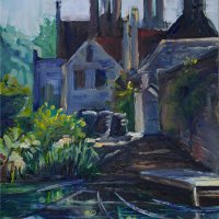 Artist Amanda Barrett, 'Chimneys and Pipes', Elsing Hall, Dereham, Norfolk, Oil, 24x30cm, £180. Paint Out Gardens 2019