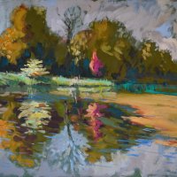 Artist Stephen Johnston, 'First Light', Elsing Hall, Dereham, Norfolk, Oil, 15.5x24in, £350. Paint Out Gardens 2019