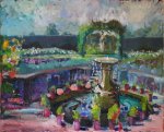 Artist Stephen Johnston, 'Rose and Fountain', Houghton Hall Walled Garden, Oil, 16x20in, £290. Paint Out Gardens 2019