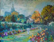 Artist Stephen Johnston, 'Cobalt Rain', Bishop's House Gardens, Norwich, Oil, 16x20in, £350. Paint Out Gardens 2019