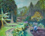 Artist Stephen Johnston, 'Gardening Blues', The Plantation Garden, Norwich, Oil, 16x20in, £350. Paint Out Gardens 2019
