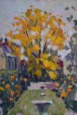 Artist Emma Perring, 'Yellow Tree', Bishop's House Gardens, Norwich, Oil, 20x30cm, £170. Paint Out Gardens 2019