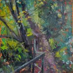 Artist Sam Robbins, 'Fairy Path', The Plantation Garden, Norwich, Oil, 8x8in, £280. Paint Out Gardens 2019