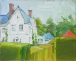 Artist Robert Nelmes, 'Curtains Drawn and Painted', Stody Lodge, Melton Constable, Norfolk, Oil, 9x12in, £350. Paint Out Norfolk Gardens 2019, Second Prize