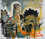 Artist Susan Isaac, St Mary’s Church, Surlingham, Mixed Media, 40x50cm, £490. Paint Out Norfolk 2020