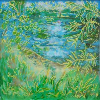 Artist Eloise O'Hare, Golden river, Whitlingham lane, Acrylic, 40x40cm, £280. Paint Out Norfolk 2020